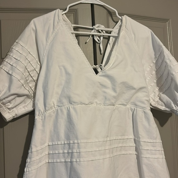 7 For All Mankind White Puff Sleeve Babydoll Mini Tie Back Dress Large - Picture 2 of 10